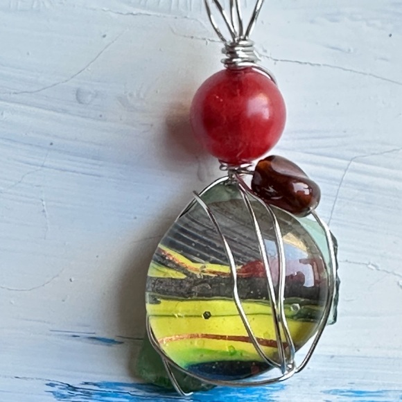Art Glass Pendant Hand Painted Cabochon, Beaded, Wire Wrapped Handmade  4226 Y - Picture 4 of 11